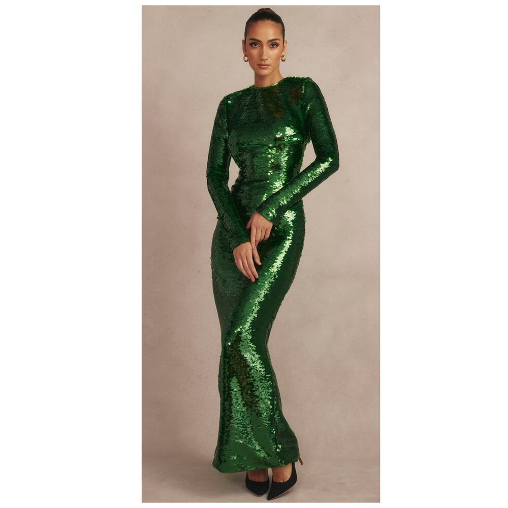 HOUSE OF CB Belle Sequin Long Sleeve Open Back Maxi Dress Size Medium